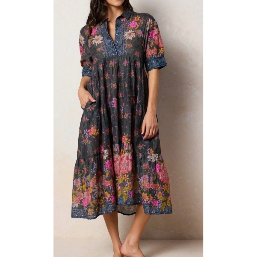 Natural Life Rebecca Dress Medium Charcoal English Garden Floral Boho Cotton
